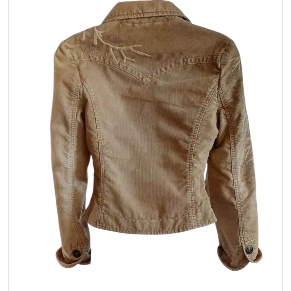 NWT Guess Jeans Tan Stretchy Corduroy Blazer with Fitted Waist And Embroidery ~S - Picture 4 of 7